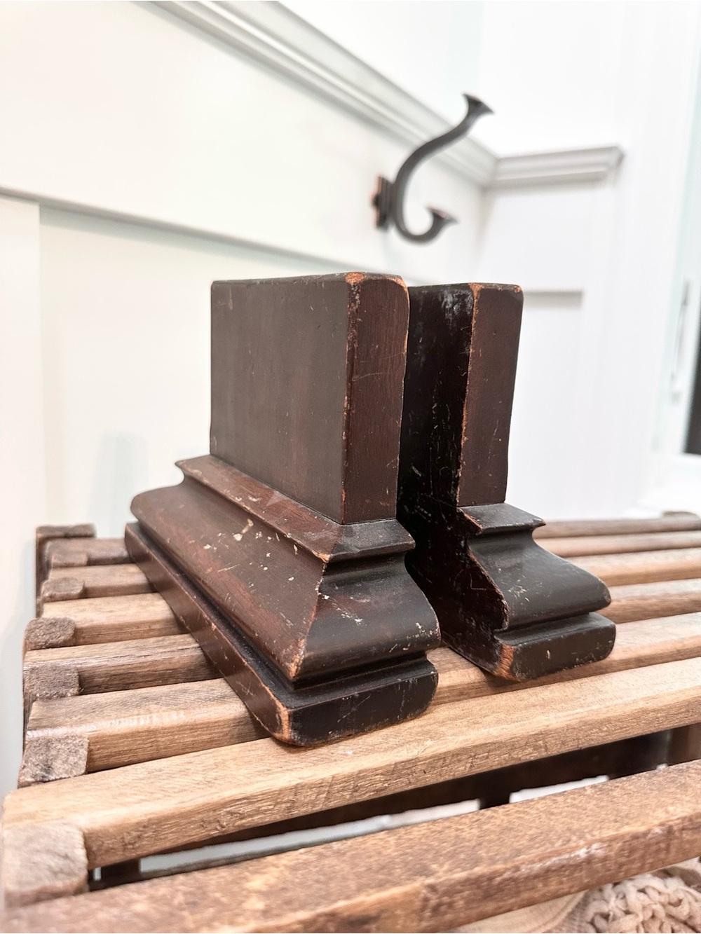 Antique Classic Style Dark Brown Wooden Bookends - Pair Wear & Surface Scratches